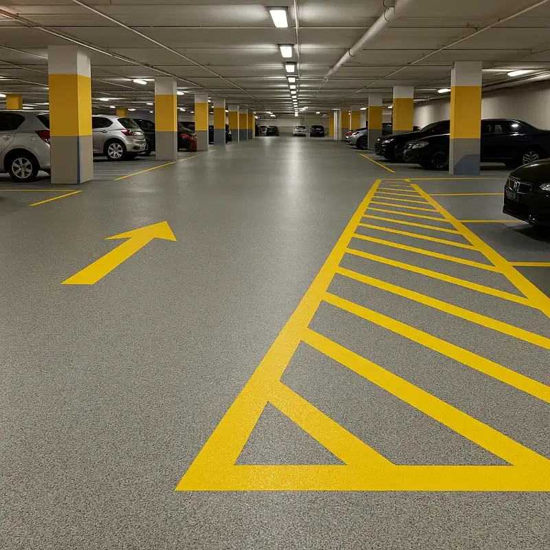 A well-lit underground parking garage or multi-story car park featuring Parking Lot epoxy flooring.