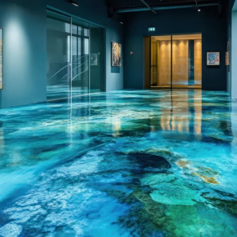 An expansive interior space, possibly an art gallery or modern office building, featuring a highly reflective and vividly colorful Galaxy epoxy flooring