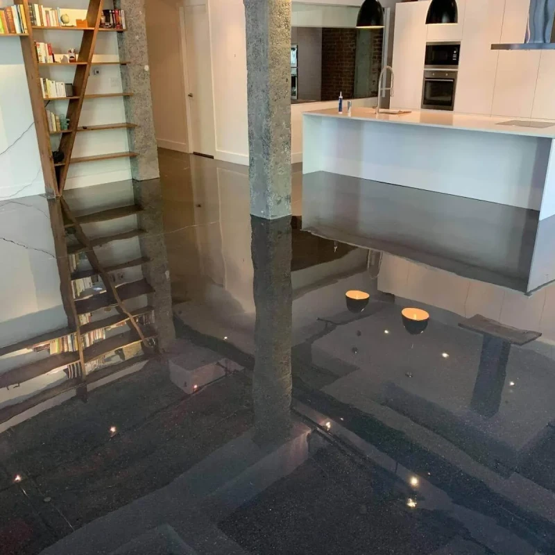 The floor is an example of Transparent epoxy flooring applied over an existing concrete or terrazzo substrate