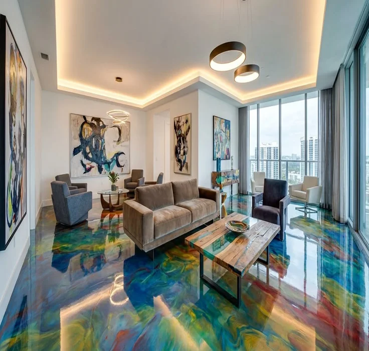 Decorative epoxy flooring with smooth polished surface