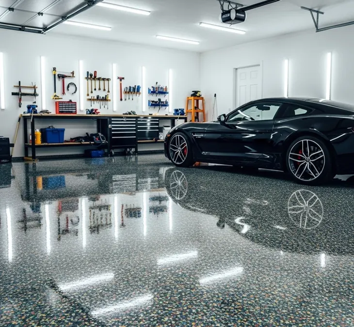 Glossy flake epoxy coating garage floor