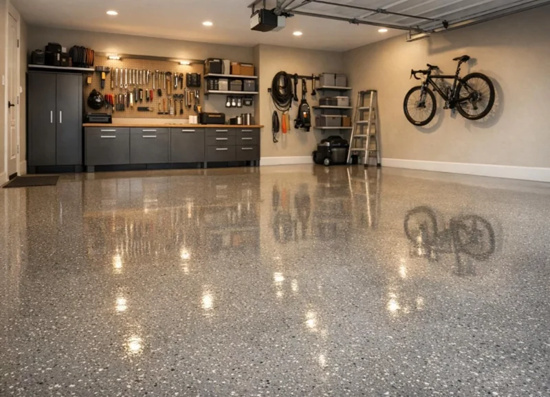 Highly reflective flake epoxy garage floor coating